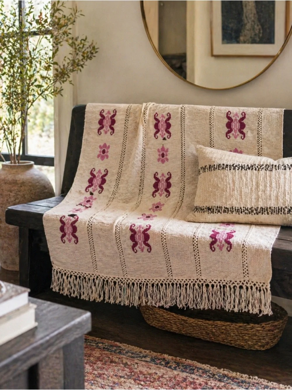 Handmade Crochet Throw Blanket Cream Pink Fringe Boho Cottage Anthro Afghan